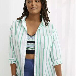 Aerie White & Green Striped Long Sleeve Dad Shirt 100% Cotton Button Up XXL